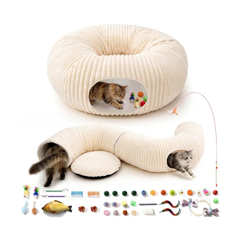 2-in-1 Cat Tunnel Bed with Toys